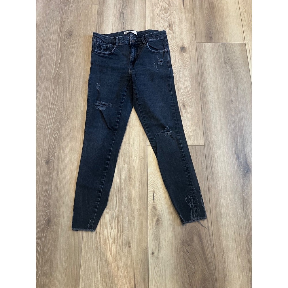 ZARA Basic Z1975 Womens Black Distressed Skinny Jeans Size 8 30 Raw Hem